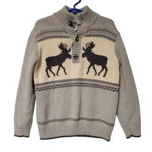 Janie & Jack Moose Sweater Kid's 6 100% Cotton Button Collar Gray
